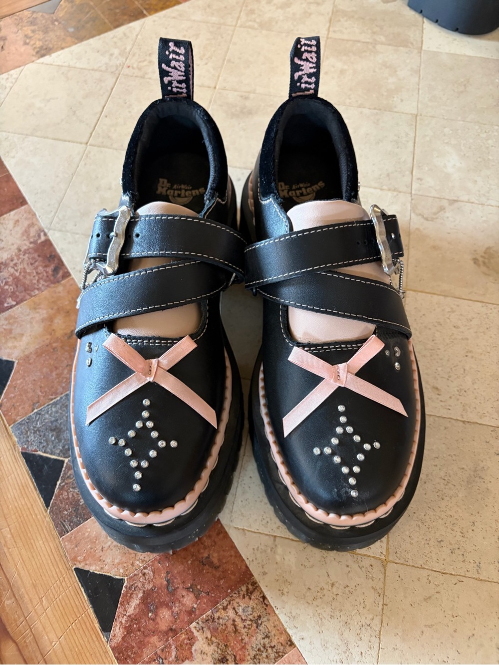 Dr. Martens Black Leather Mary Jane Shoes with Pink Trim